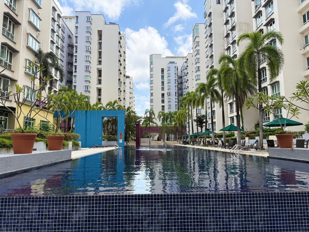 The swimming pool at The Floravale, with palm trees and residential towers around it